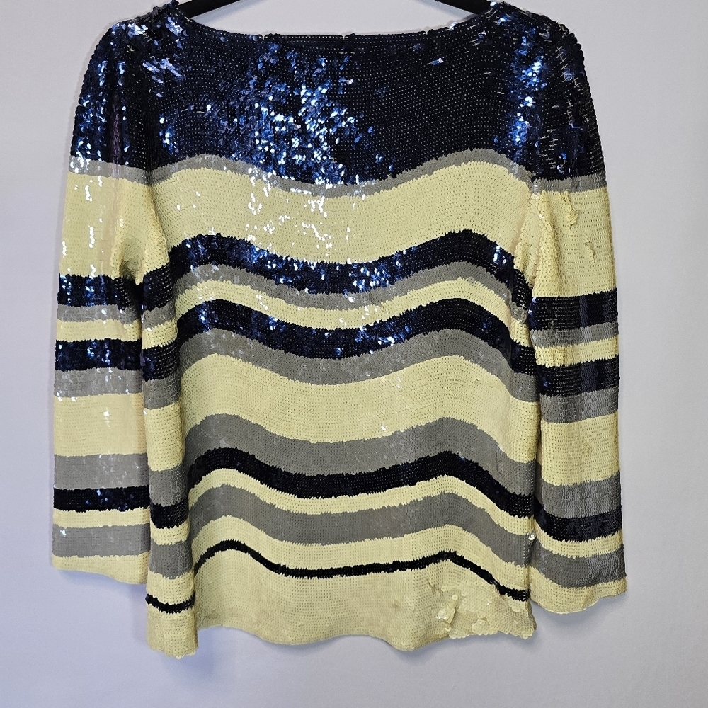 Tory Burch Navy Cream Sequin 3/4 Sleeve Blouse Formal Special Event Top, Sz M - Picture 8 of 11